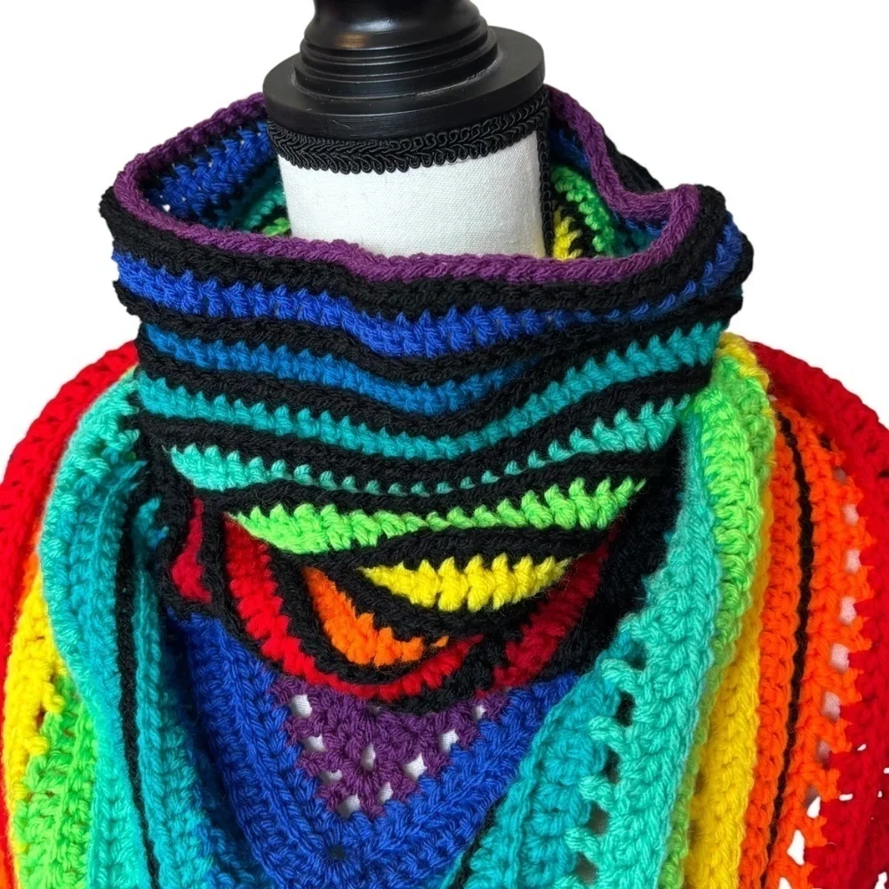 Handcrafted Crochet Cowl Neck Scarf With Fringe Rainbow Colors New Handmade Knit